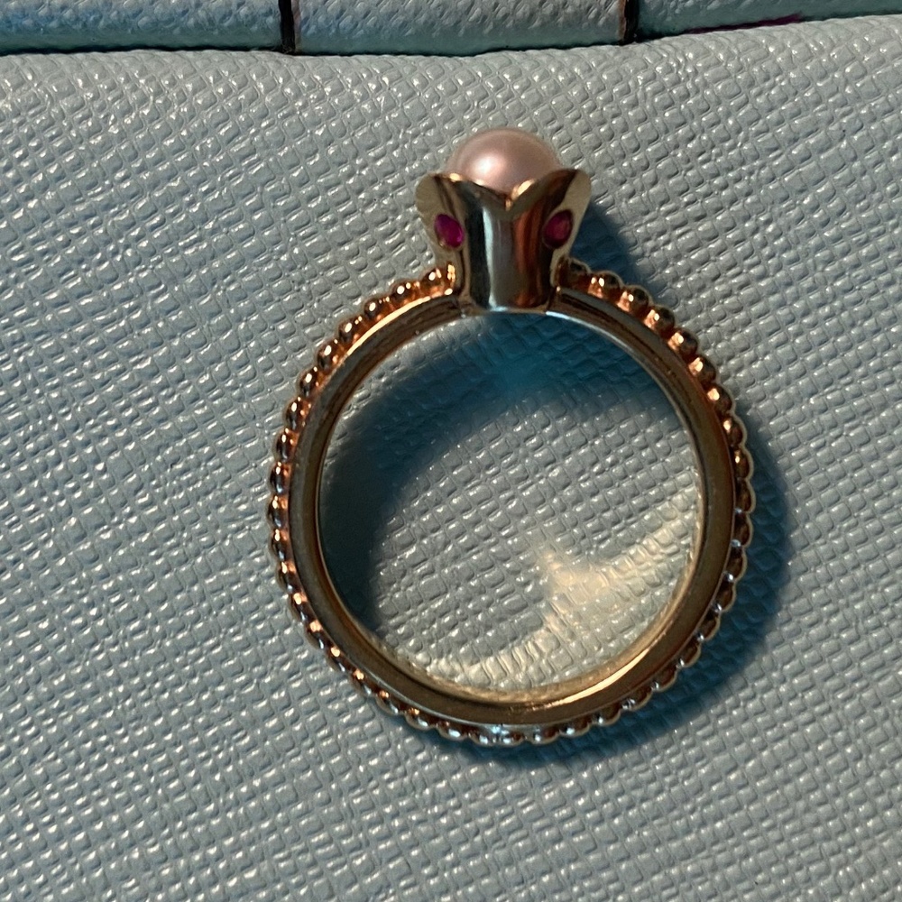 Retired 14K Gold Authentic Pandora Pearl and Pink Tourmaline Ring
